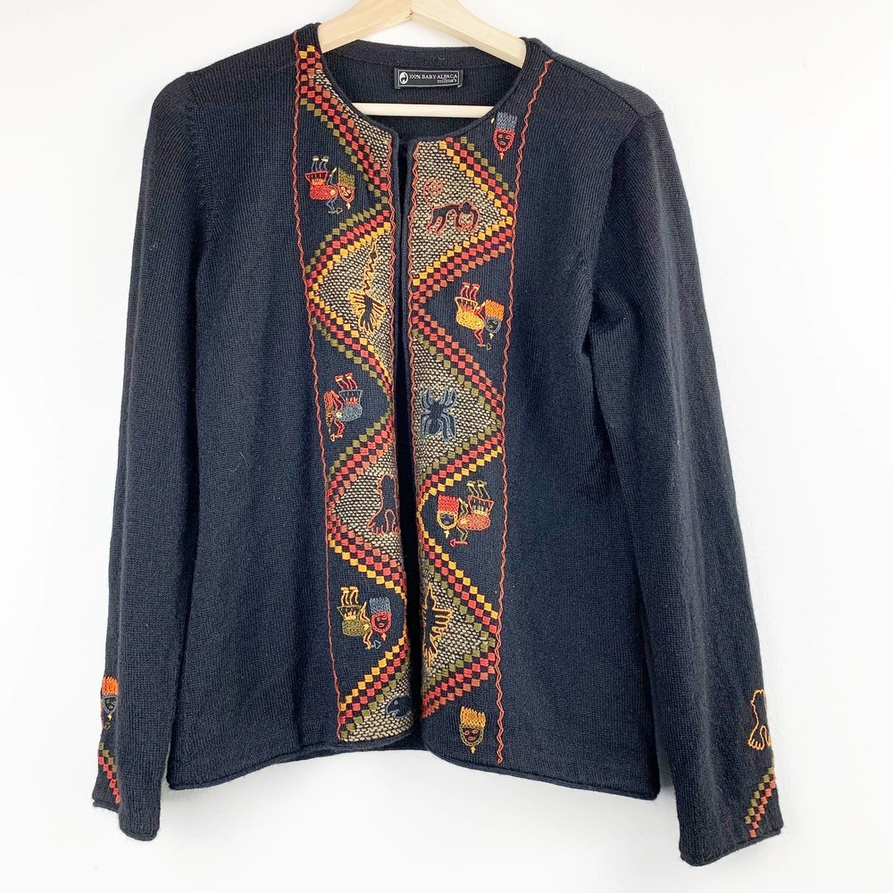 MILLMA'S 100% Alpaca Aztec Embroidered Black Cardigan Size M